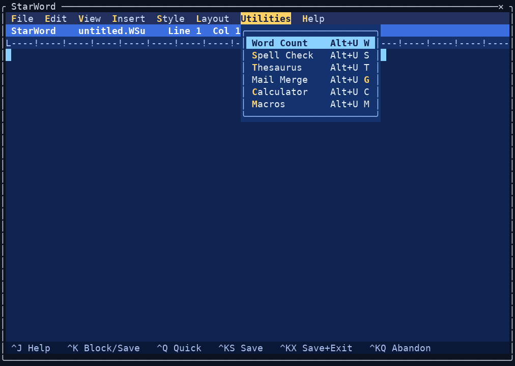 StarWord Utilities pull-down menu